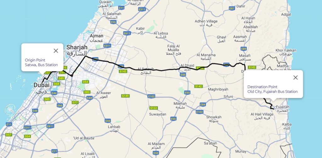 Al Satwa to fujairah Route Map