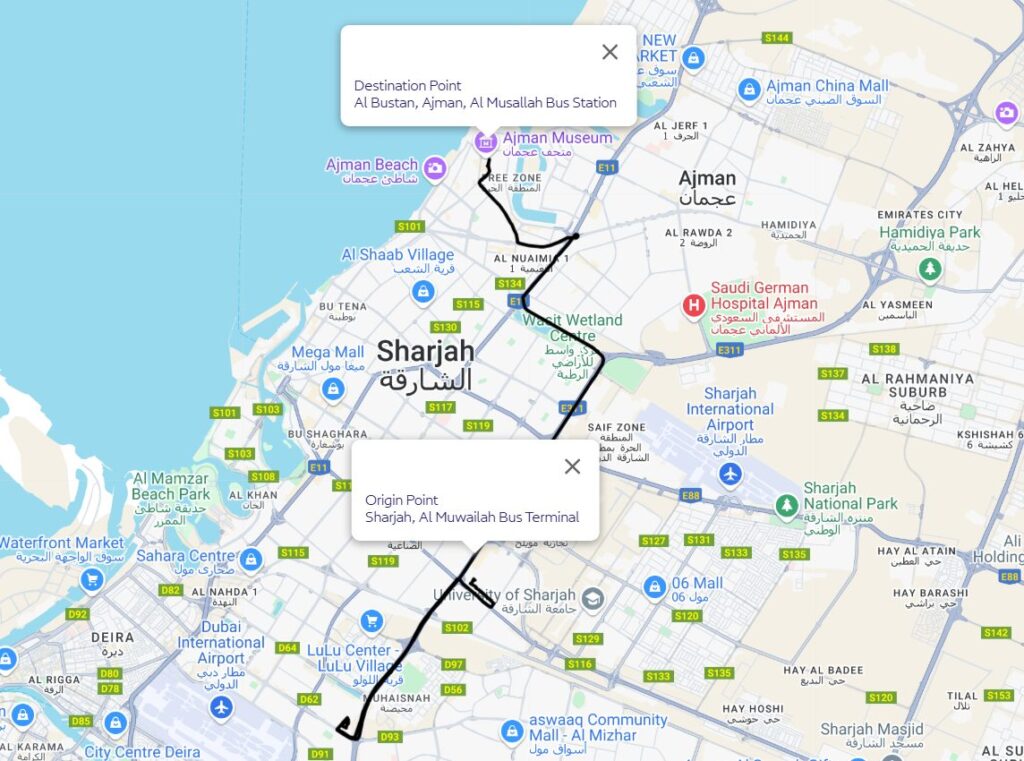 Mowaileh To Ajman Route Map