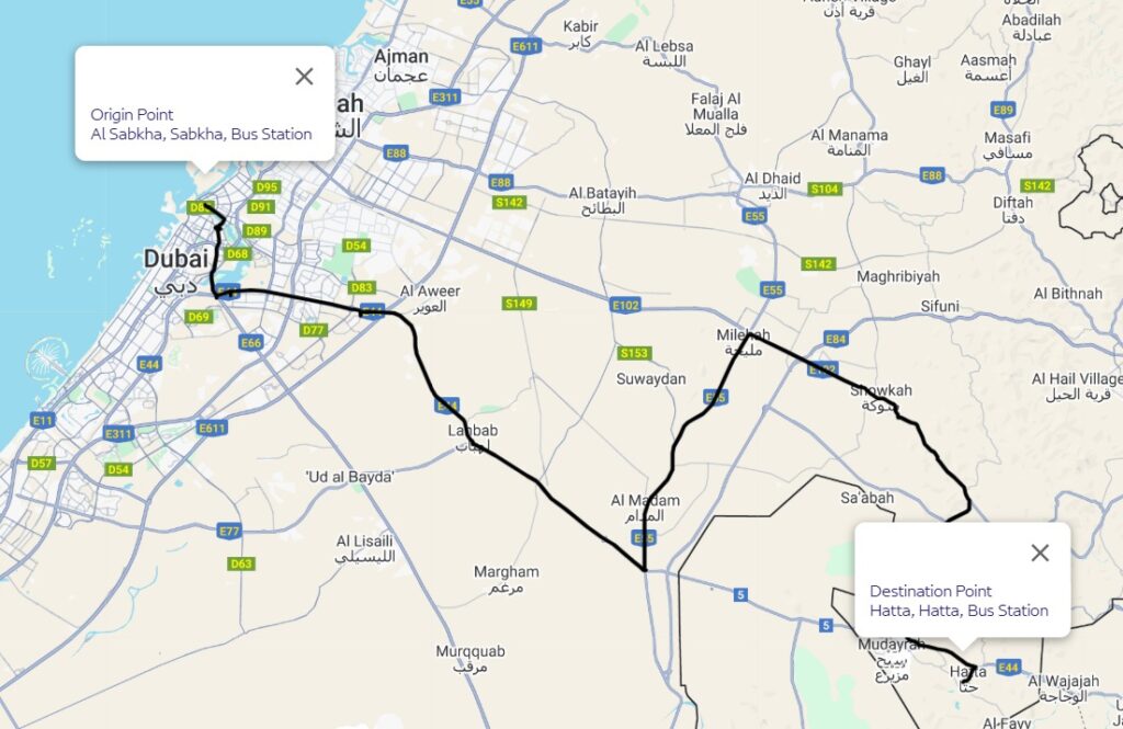 Rta Bus E16 Al Sabkha Bus Stn Hatta Bus Stn Route Map