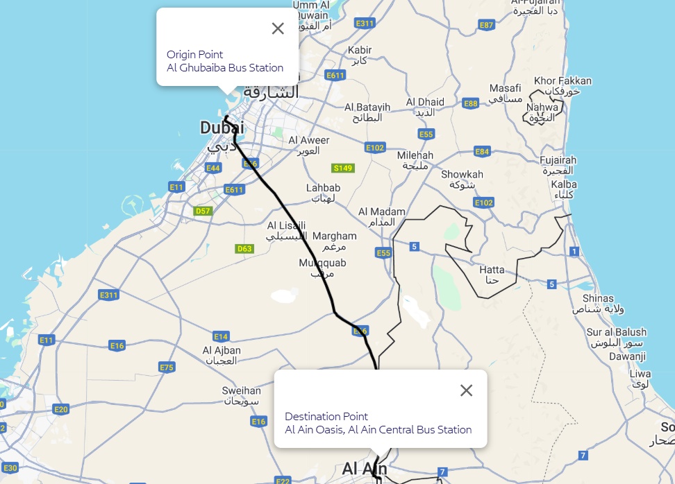 Rta Bus E201 Al Ghubaiba Bus Stn Al Ain Bus Stn Route Map