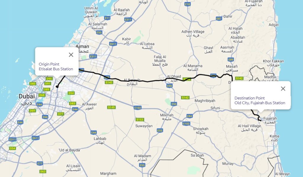 Rta Bus E700 Etisalat Bus Stn Fujairah Bus Stn Route Map