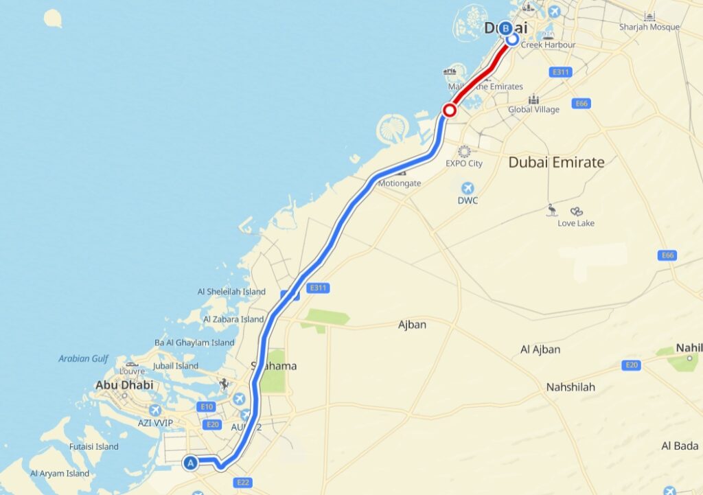 Mussafah Shabiya To Dubai Route Map