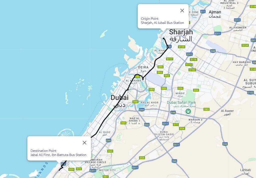 Sharjah To Ibn Battuta Route Map